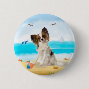 Papillon Dog on Beach Button