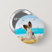 Papillon Dog on Beach Button (Vorne & Hinten)