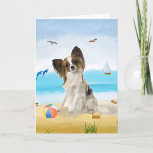 Papillon Dog on Beach Karte (Vorderseite)