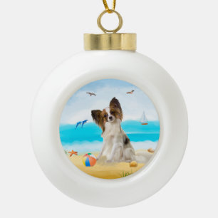 Papillon Dog on Beach Keramik Kugel-Ornament