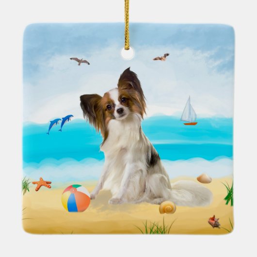 Papillon Dog on Beach Keramikornament (Rückseite)