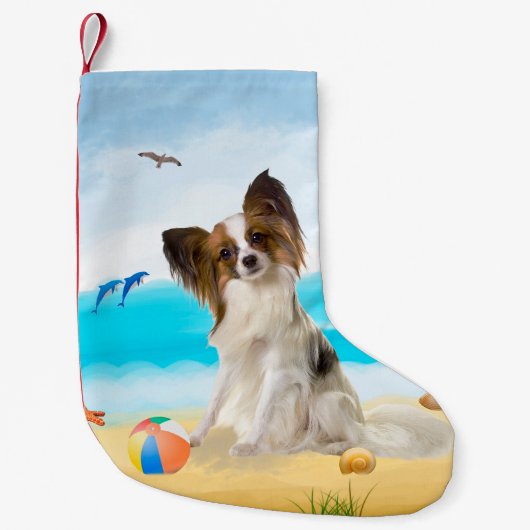 Papillon Dog on Beach Kleiner Weihnachtsstrumpf (Vorderseite)