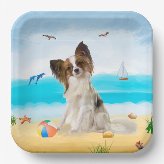 Papillon Dog on Beach Pappteller (Vorderseite)