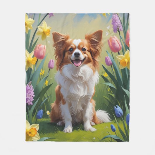 Papillon Dog Spring Flowers Malerei Fleecedecke (Vorderseite)