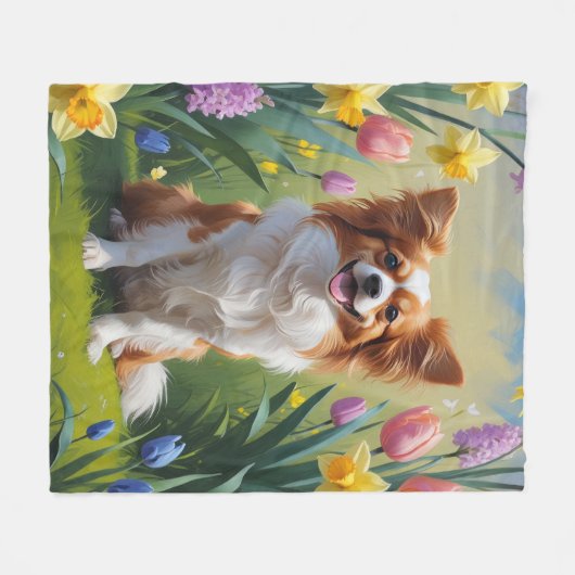 Papillon Dog Spring Flowers Malerei Fleecedecke (Vorderseite (Horizontal))