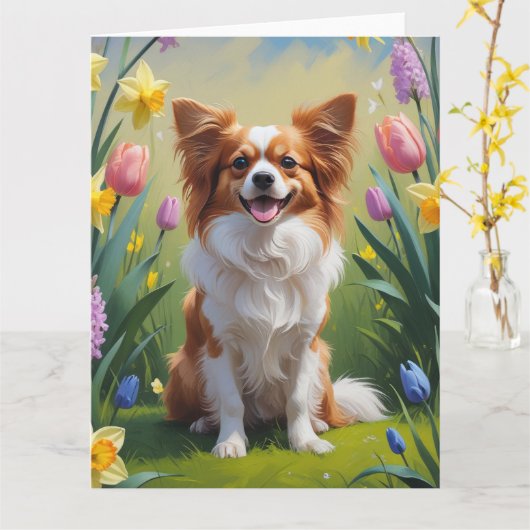Papillon Dog Spring Flowers Malerei Karte (Gelbe Blume)