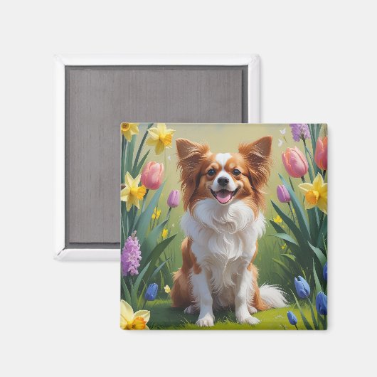 Papillon Dog Spring Flowers Malerei Magnet (Vorderseite/Rückseite)