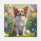 Papillon Dog Spring Flowers Malerei Magnet (Vorne)