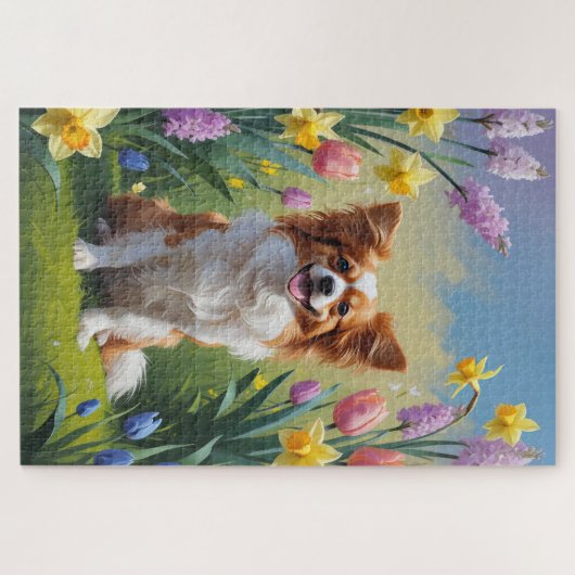 Papillon Dog Spring Flowers Malerei Puzzle (Horizontal)