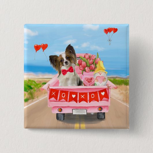 Papillon Dog Valentine's Day Lkw Herz Button (Vorderseite)