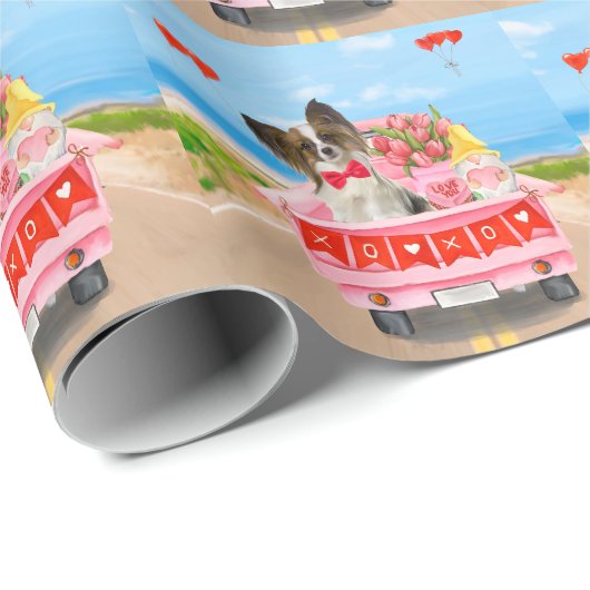 Papillon Dog Valentine's Day Lkw Herz Geschenkpapier (Rolleneckpunkt)