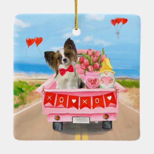Papillon Dog Valentine's Day Lkw Herz Keramikornament (Rückseite)