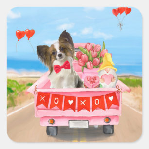Papillon Dog Valentine's Day Lkw Herz Quadratischer Aufkleber