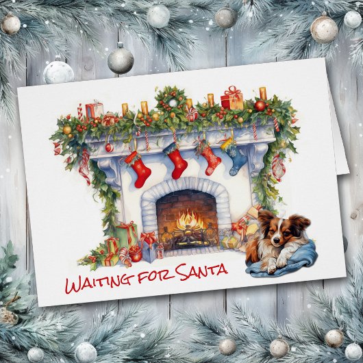 Papillon Dog Warte auf Weihnachts-Feuerplatz