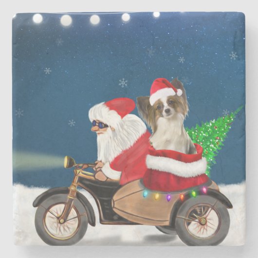 Papillon Dog Weihnachtsmann Claus Steinuntersetzer (Vorderseite)