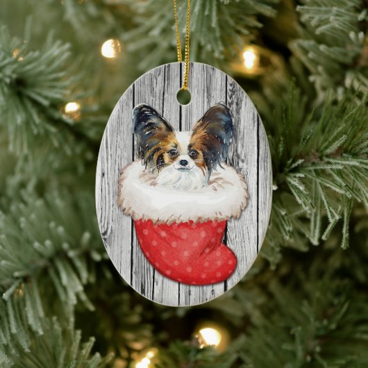 Papillon Dog zu Weihnachten Strumpf über Holz Keramik Ornament (Baum)