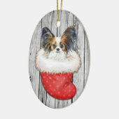 Papillon Dog zu Weihnachten Strumpf über Holz Keramik Ornament (Links)