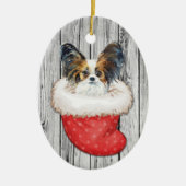 Papillon Dog zu Weihnachten Strumpf über Holz Keramik Ornament (Vorne)