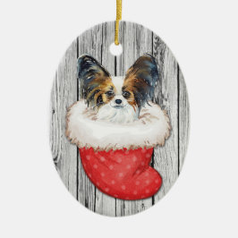 Papillon Dog zu Weihnachten Strumpf über Holz Keramik Ornament
