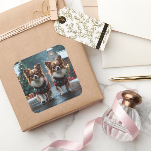 Papillon Dogs Christmas Snow Holiday Quadratischer Aufkleber (Schenken)