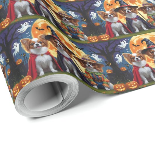 Papillon Dogs Pumpkin Halloween Funny Geschenkpapier (Rolleneckpunkt)