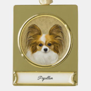 Papillon (Hound Tri) Malerei - Original Hunde Art  Banner-Ornament Gold