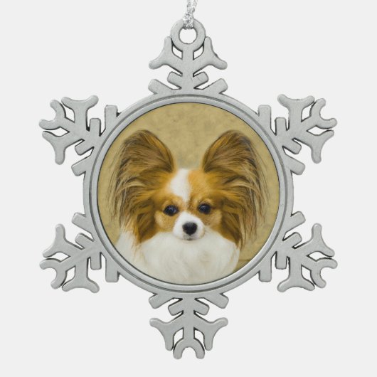 Papillon (Hound Tri) Malerei - Original Hundekunst Schneeflocken Zinn-Ornament (Vorderseite)