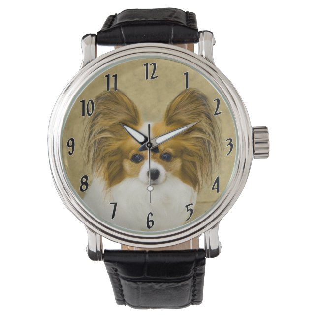 Papillon (Hound Tri) Malerei - Original Hundeschul Armbanduhr (Vorderseite)