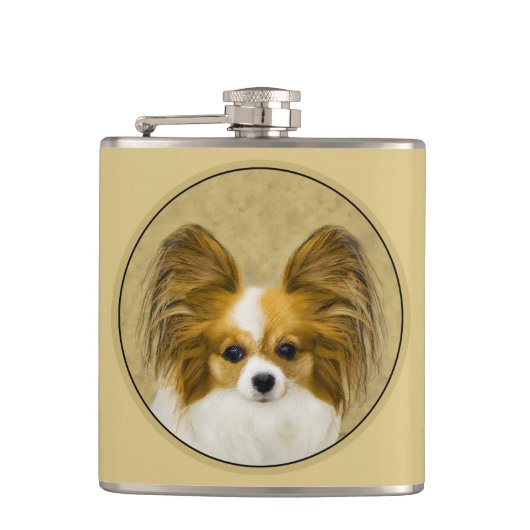 Papillon (Hound Tri) Malerei - Original Hundeschul Flachmann (Vorderseite)