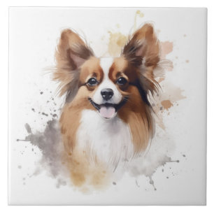 Papillon-Hund Braun und Weiß Aquarell Fliese