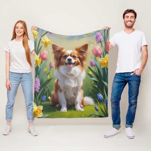 Papillon-Hund Frühlingsblumen Malerei Fleecedecke (Beispiel)