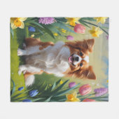 Papillon-Hund Frühlingsblumen Malerei Fleecedecke (Vorderseite (Horizontal))