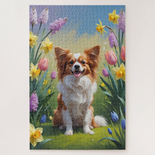 Papillon-Hund Frühlingsblumen Malerei Puzzle (Vertikal)