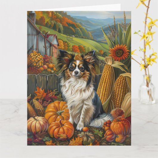 Papillon-Hund Herbst Ernte Erntedank Karte (Gelbe Blume)