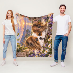 Papillon-Hund im mediterranen Blumengarten bei Son Fleecedecke
