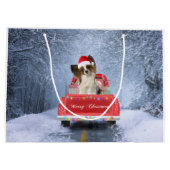 Papillon Hund im Schnee sitzen im Weihnachtswagen Große Geschenktüte (Rückseite)