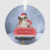 Papillon Hund im Schnee sitzen im Weihnachtswagen Ornament (Rückseite)