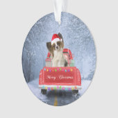Papillon Hund im Schnee sitzen im Weihnachtswagen Ornament (Vorderseite)