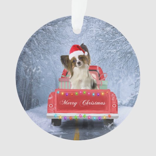 Papillon Hund im Schnee sitzen im Weihnachtswagen Ornament (Vorderseite)