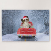 Papillon Hund im Schnee sitzen im Weihnachtswagen Puzzle (Horizontal)