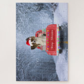 Papillon Hund im Schnee sitzen im Weihnachtswagen Puzzle (Vertikal)