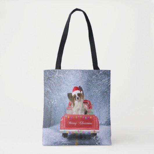 Papillon Hund im Schnee sitzen im Weihnachtswagen Tasche (Vorderseite)