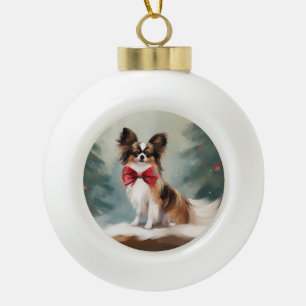 Papillon-Hund im Schnee Weihnachten  Keramik Kugel-Ornament