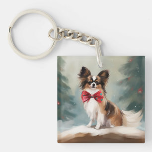 Papillon-Hund im Schnee Weihnachten  Schlüsselanhänger