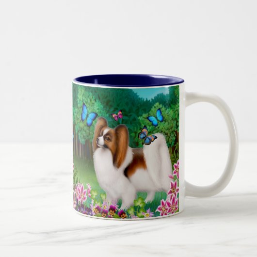 Papillon Hund in der Garten-Tasse Zweifarbige Tasse (Rechts)