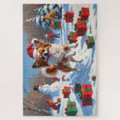 Papillon Hund läuft im Schnee mit Weihnachtshut Puzzle (Vertikal)