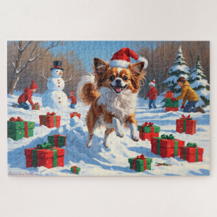Papillon-Hund läuft im Schnee mit Weihnachtsmütze Puzzle