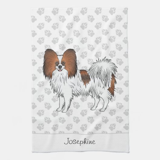 Papillon-Hund mit rotem Sand und Text Geschirrtuch (Vertikal)