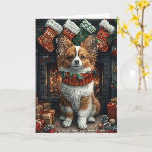 Papillon-Hund mit Weihnachtsgeschenken am Kamin Karte