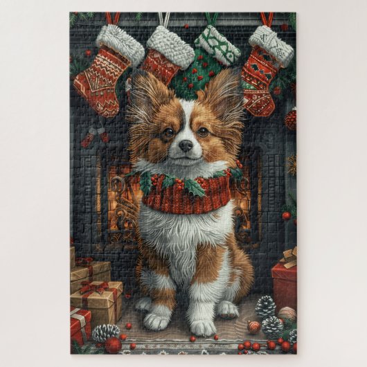 Papillon Hund mit Weihnachtsgeschenken Feuerplatz Puzzle (Vertikal)